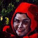 Ganz zufällige Begegnung zwischen Rotkäppchen und den sieben Zwergen  
Öl auf Holz  
22,7 x 12 cm